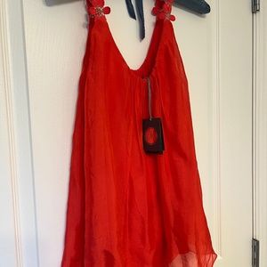 Red silk cami with flower ribbon straps